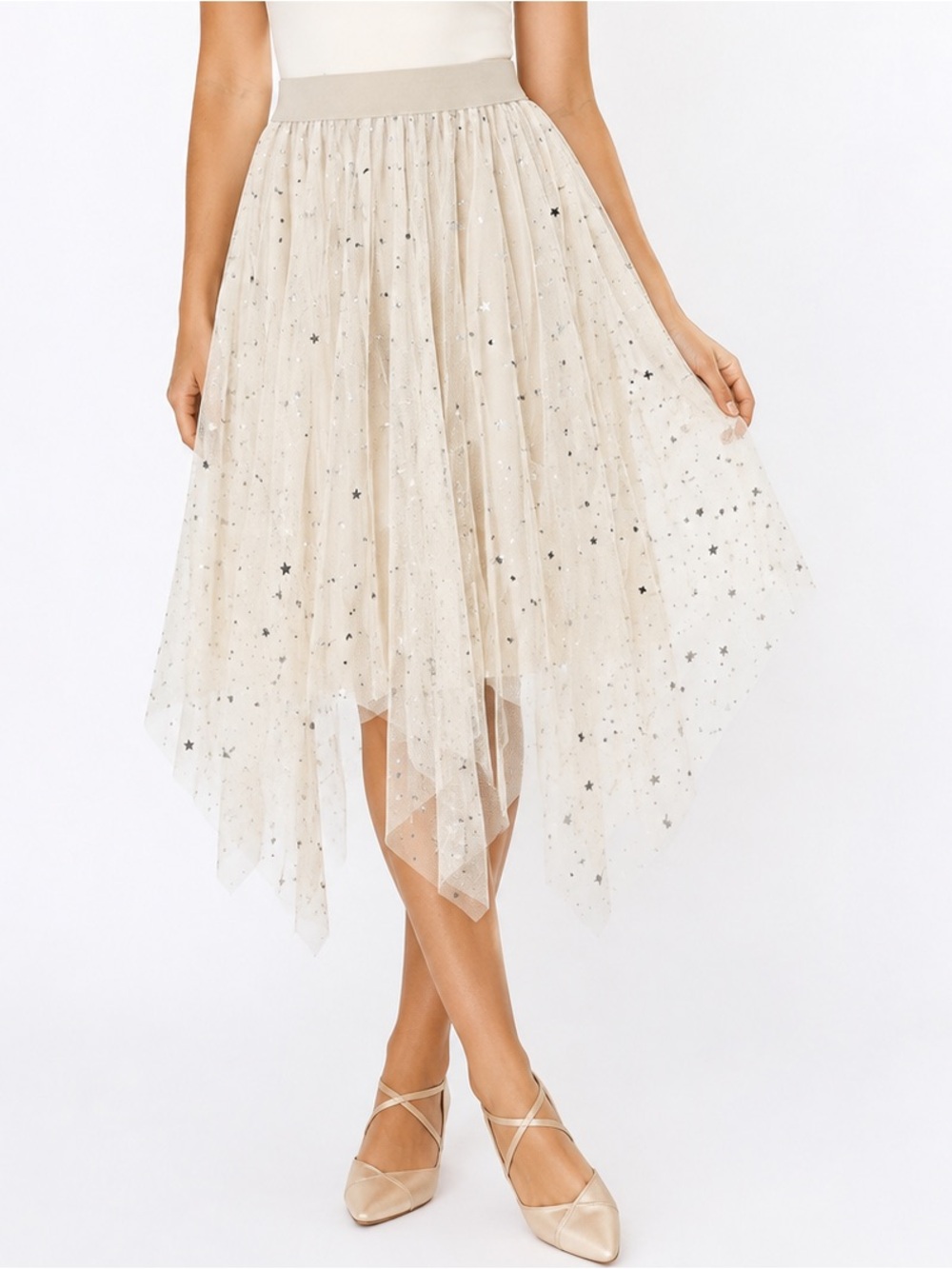 NEW Cream Mesh Celestial Stars Moons Whimsical Ethereal Dreamy Skirt